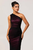 Black Pink Mermaid One Shoulder Maxi Bridesmaid Dress with Slit