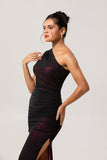 Black Pink Mermaid One Shoulder Maxi Bridesmaid Dress with Slit