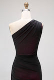 Black Pink One Shoulder Mermaid Maxi Bridesmaid Dress with Slit