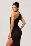 Black Pink Mermaid One Shoulder Maxi Bridesmaid Dress with Slit