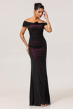 Black Pink Mermaid Off the Shoulder Long Bridesmaid Dress with 3D Flower