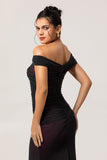 Black Pink Mermaid Off the Shoulder Long Bridesmaid Dress with 3D Flower
