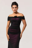 Black Pink Mermaid Off the Shoulder Long Bridesmaid Dress with 3D Flower