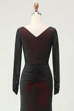 Black Red Long Sleeves Mermaid Bridesmaid Dress with Slit