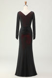Black Red Long Sleeves Mermaid Bridesmaid Dress with Slit