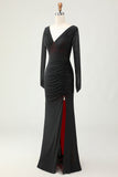 Black Red Long Sleeves Mermaid Bridesmaid Dress with Slit