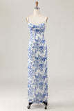 Maxi White and Blue Floral Spaghetti Straps Sheath Wedding Guest Dress