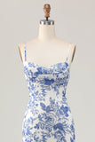 Maxi White and Blue Floral Spaghetti Straps Sheath Wedding Guest Dress