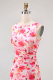 Pink Chiffon Floral Boat Neck Sheath Long Wedding Guest Dress