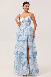 White and Blue Tiered Corset Floral Long Wedding Guest Dress with Slit