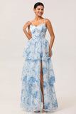 White and Blue Tiered Corset Floral Long Wedding Guest Dress with Slit