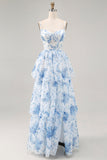 White and Blue Tiered Corset Floral Long Wedding Guest Dress with Slit