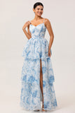 White Blue Floral Corset Ruffled Maxi Tiered Wedding Guest Dress with Slit
