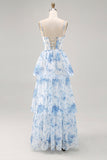 White and Blue Tiered Corset Floral Long Wedding Guest Dress with Slit