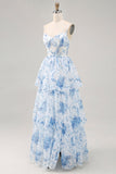 White Blue Floral Corset Ruffled Maxi Tiered Wedding Guest Dress with Slit