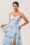 White and Blue Tiered Corset Floral Long Wedding Guest Dress with Slit
