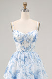 White Blue Floral Corset Ruffled Maxi Tiered Wedding Guest Dress with Slit