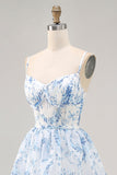 White Blue Floral Corset Ruffled Maxi Tiered Wedding Guest Dress with Slit