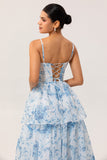 White and Blue Tiered Corset Floral Long Wedding Guest Dress with Slit