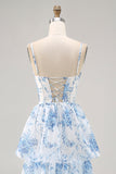 White Blue Floral Corset Ruffled Maxi Tiered Wedding Guest Dress with Slit