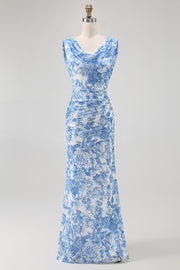 Blue Mermaid Cowl Neck Floral Long Bridesmaid Dress with Slit