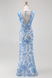 Blue Mermaid Cowl Neck Floral Long Bridesmaid Dress with Slit