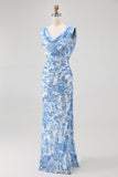 Blue Mermaid Cowl Neck Floral Long Bridesmaid Dress with Slit