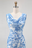 Blue Mermaid Cowl Neck Floral Long Bridesmaid Dress with Slit