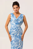 Blue Mermaid Floral Cowl Neck Long Bridesmaid Dress with Slit