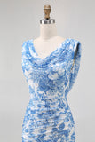 Blue Mermaid Cowl Neck Floral Long Bridesmaid Dress with Slit
