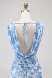 Blue Mermaid Cowl Neck Floral Long Bridesmaid Dress with Slit