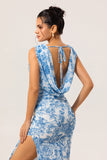 Blue Mermaid Floral Cowl Neck Long Bridesmaid Dress with Slit