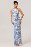 White Blue Floral Mermaid One Shoulder Maxi Bridesmaid Dress with Slit