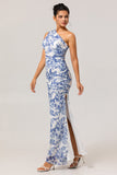 White Blue Floral Mermaid One Shoulder Maxi Bridesmaid Dress with Slit