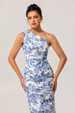 White Blue Floral Mermaid One Shoulder Maxi Bridesmaid Dress with Slit
