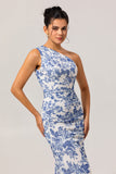 White Blue Floral Mermaid One Shoulder Maxi Bridesmaid Dress with Slit