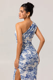 White Blue Floral Mermaid One Shoulder Maxi Bridesmaid Dress with Slit