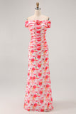 Pink Mermaid Floral Off the Shoulder Maxi Wedding Guest Dress