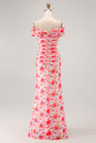 Pink Mermaid Floral Off the Shoulder Maxi Wedding Guest Dress
