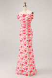Pink Mermaid Floral Off the Shoulder Maxi Wedding Guest Dress