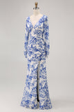 Blue Mermaid V-Neck Floral Long Wedding Guest Dress with Sleeves