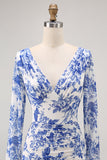 Blue Mermaid V-Neck Floral Long Wedding Guest Dress with Sleeves