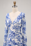 Blue Mermaid V-Neck Floral Long Wedding Guest Dress with Sleeves