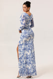 Blue Mermaid V-Neck Floral Long Wedding Guest Dress with Sleeves