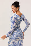 Blue Floral Mermaid V-Neck Long Wedding Guest Dress with Sleeves