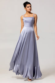 Dusty Blue A Line Spaghetti Straps Long Bridesmaid Dress