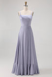 Dusty Blue Spaghetti Straps Maxi Satin Bridesmaid Dress