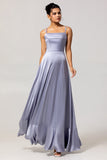 Dusty Blue Spaghetti Straps Maxi Satin Bridesmaid Dress