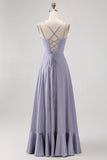 Dusty Blue Spaghetti Straps Maxi Satin Bridesmaid Dress