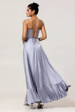 Dusty Blue Spaghetti Straps Maxi Satin Bridesmaid Dress